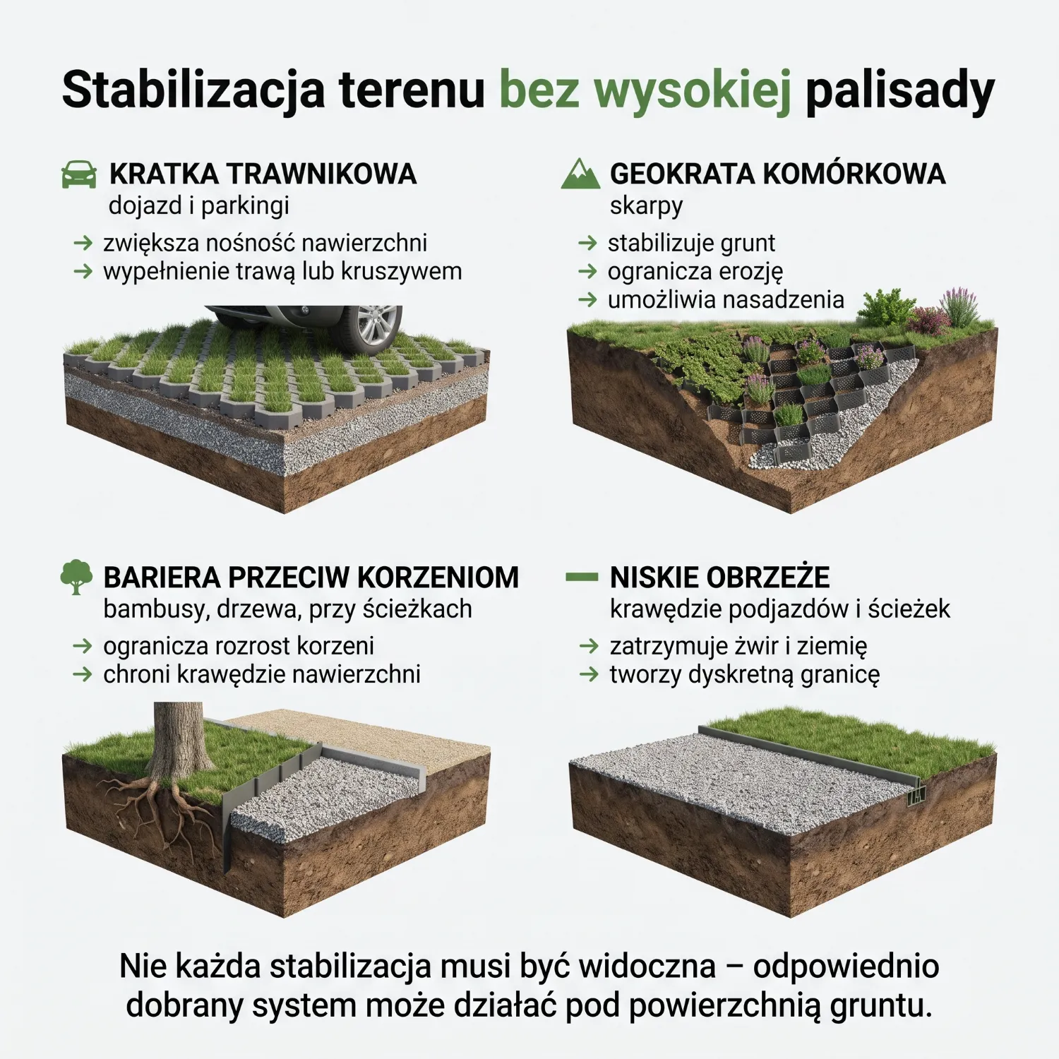 Na podjeździe do garażu znajduje się kratka trawnikowa wypełniona trawą, otoczona niskim stalowym obrzeżem, które stabilizuje krawędzie i nadaje estetyczny wygląd. To idealne rozwiązanie dla wydzielonych wjazdów, łączące funkcjonalność z zielenią w przestrzeni ogrodu.